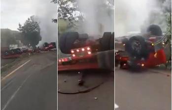 Secuencia de como quedó la tractomula volcada y echando humo tras chocar contra un separador por perder los frenos. FOTO: CAPTURA VIDEO REDES SOCIALES