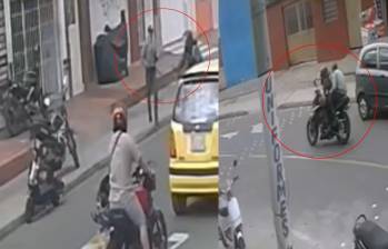 En cámaras de seguridad quedó registrado el momento en que los delincuentes huyeron en una motocicleta luego del hurto que terminó en una balacera. Foto: captura de video redes sociales
