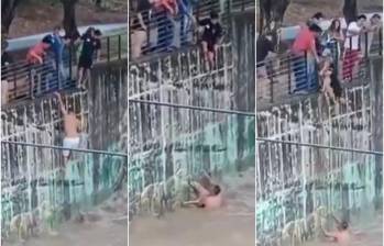 Secuencia del rescate del perrito en el río de Neiva, Huila por parte del hombre y los jóvenes. FOTO: CAPTURA VIDEO REDES SOCIALES 