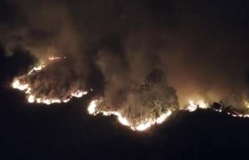 Bomberos de Popayán trabajan para controlar el incendio forestal registrado en los cerros nororientales, en el sector de Yambitará. Foto: Bomberos de Popayán