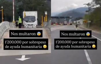 Camiones en Planeta Rica, Córdoba y Cajamarca, Tolima, fueron multados mientras transportaban ayudas humanitarias. Fotos: captura video @ColombiaOscura