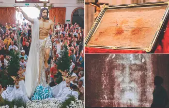 Hoy se festeja el Domingo de Resurrección y a la derecha los mantos que se conservan y con los que fue cubierto el cuerpo de Jesús. FOTOS Manuel Saldarriaga y Getty
