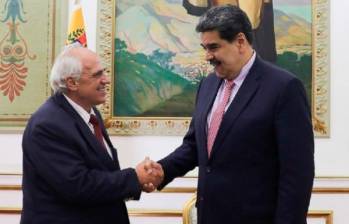 Samper destacó que encontró “muchas coincidencias” con Maduro frente a los diálogos entre la oposición y el gobierno venezolano que se desarrollarán en México. FOTO: Twitter @CancilleriaVE