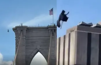 El hombre de 44 años izó varias banderas antes de lanzarse del puente de Brooklyn, en Nueva York. Foto: Capturas videos @m_alejandr07 y @noticias_msm