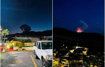 Así se veía el curioso fenómeno ocurrido en el volcán Nevado del Ruiz en la noche de este 25 de junio. FOTO: Cortesía SGC
