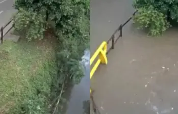 Con la intensidad de una lluvia que duró 44 minutos, la quebrada La Presidenta se desbordó en El Poblado. Foto: captura de video cámaras de seguridad
