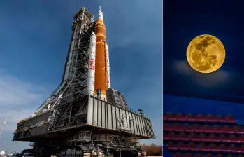 A la izquierda vemos el llamado transportador de orugas 2 de la Nasa, que transporta el cohete Artemis II SLS (Sistema de Lanzamiento Espacial) con la nave espacial Orión fijada al lanzador móvil 1. La idea es que Artemis II le dé una vuelta a la Luna este año. FOTO Cortesía Nasa/Cory S Huston y Camilo Echevery.