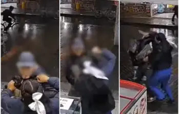 Secuencia de cómo la mujer enfrentó al presunto ladrón luego de intentar robarle en la droguería en la que al parecer trabaja. FOTO: Captura de video de redes sociales @PasaenBogota