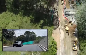 Adelante, uno de los tramos culminados. Atrás frente de obras de la vía en El Retiro. FOTO: imagen tomada de redes.