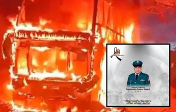 El militar muerto en el bus incinerado en Caquetá fue identificado como el sargento Cisneros. Fotos: Captura de video y Ejército. 