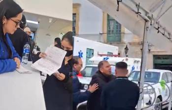 El ministro de Salud estaba entregando unas ambulancias en Tunja, por eso Rodolfo Valderrama decidió ir a reclamarle. FOTO: CAPTURA DE PANTALLA VIDEO DE REDES SOCIALES.