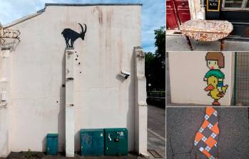A la izquierda una de las obras de Banksy, a la derecha tres artistas callejeros que también son incognitos. FOTOS Instagram @banksy, @ouestled, @mr.bad.tiles y @ememem.flacking