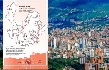El mapa detalla los principales sistemas de fallas geológicas —como Romeral, Palestina y Murindó— y los municipios de Antioquia con mayor vulnerabilidad ante un evento telúrico. FOTO: JUAN ANTONIO SÁNCHEZ - EL COLOMBIANO