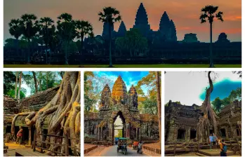 Arriba: Amanecer en Angkor Wat; el sol se levanta detrás de las icónicas cinco torres del templo. Abajo a la izquierda y a la derecha: El complejo de templos de Ta Prohm, ubicado en el parque arqueológico de Angkor. Abajo en el centro: Puerta Sur de Angkor Thom, famosa por sus torres de caras. FOTOS JUAN DIEGO ORTIZ JIMÉNEZ