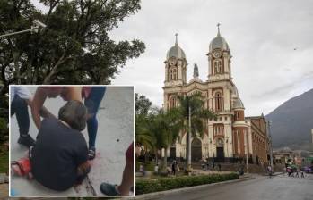 Adelante, la mujer herida en el altercado. Atrás, parque del municipio de Bello donde ocurrieron los hechos. Foto: EL COLOMBIANO y Denuncias Antioquia