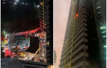 Bomberos Medellín controlaron el incendio registrado en el piso 14 de un edificio en La Asomadera este 7 de diciembre. FOTOS tomadas de Twitter 