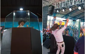 Este es el escudo de vidrio que Abelardo de la Espriella empezó a usar en sus eventos de campaña. Su primera aparición con él fue en Villavicencio. FOTOS: Tomadas de X @santiuribedel10