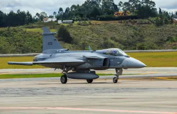 Los aviones Gripen de la empresa Saab ya fueron presentados en la Feria Internacional Aeronáutica de Rionegro, Antioquia, en 2025. FOTO: ANDRÉS CAMILO SUÁREZ ECHEVERRY.