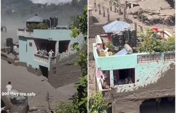 Desde el balcón de su casa, una familia vio cómo el río Trishuli se transformaba en una avalancha de lodo y piedras que engulló carreteras y puentes en cuestión de minutos. FOTO: Captura de video de redes sociales @aaditya_joxi_p y @gummibear737