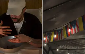 Bad Bunny en elcielo y uno de sus momentos culinarios y al lado un espacio con las banderas de Colombia y Puerto Rico. FOTOS @BadBunnyPR