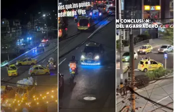 La noche de este jueves 16 de julio de 2026, decenas de taxistas transformaron el sector de la calle 33 en una pista de maniobras peligrosas para conmemorar el Día de la Virgen del Carmen. FOTO: Captura de video de redes sociales @teogo____