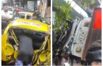 Algunos de los vehículos afectados tras la colisión en el Nororiente de Medellín. FOTO: imagen tomada de redes.