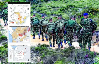 Un pelotón del Ejército Nacional patrulla la zona rural de Yarumal, en el Norte antioqueño, zona de alta presencia de actores ilegales. FOTO MANUEL SALDARRIAGA
