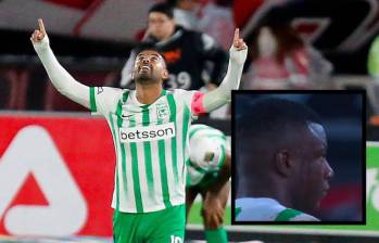 Marino Hinestroza no celebró el primer gol con Edwin Cardona, quien convirtió de penal el empate parcial de Nacional ante Santa fe. Fotos: Colprensa y Captura de video