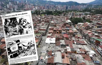 Adelante, archivo de periódico del atentado del barrio San Pío X. Atrás, panorámica de este sector de Itagüí en la actualidad. FOTOS: Manuel Saldarriaga Quintero y Archivo EL COLOMBIANO