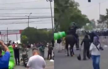 Manifestantes y agentes de la policía protagonizaron choques en las afueras del estadio Azteca durante la inauguración del Mundial 2026, en medio de reclamos por mejoras laborales y justicia para las víctimas de desaparición forzada en México. FOTO: Captura de video.