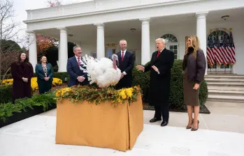 El presidente Donald Trump durante la tradicional ceremonia de indulto a un pavo por el día de Acción de Gracias en Estados Unidos. FOTO: CASA BLANCA
