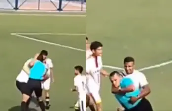 El árbitro FIFA Kéiner Jiménez fue agredido durante un partido del Torneo Nacional Sub-15 de Difútbol en Valledupar, luego de una discusión por una decisión arbitral. FOTO: Captura de video. 