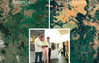 Antes y después del predio beneficiado por un título minero entregado por el presidente Gustavo Petro en 2024. FOTOS: Cortesía Google Earth y Presidencia