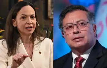 La líder opositora venezolana María Corina Machado durante una intervención en Madrid, donde cuestionó las declaraciones del presidente Gustavo Petro. FOTO: GETTY, COLPRENSA. 