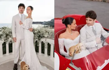 Charles Leclerc y Alexandra Saint Mleux posan tras su boda en Mónaco, donde recorrieron las calles del Principado en un Ferrari clásico con el Mediterráneo como telón de fondo. FOTO: tomadas de Instagram Alexandra Saint Mleux Lecrerc, /@germanlarkin @gregfinck @side.quest.