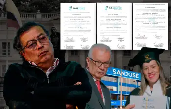 A los cuestionamientos contra la Fundación Universitaria San José se suma la expedición exprés de tres títulos a la secretaria del presidente. En la imagen, Francisco Pareja y Nelfy Melo Morales. FOTO Cortesía