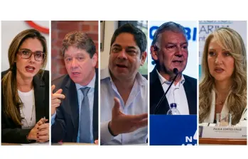 Los principales gremios del país reconocieron los resultados electorales y manifestaron su disposición de trabajar con el nuevo Gobierno. De izquierda a derecha: Natalia Gutiérrez (Acolgen y Consejo Gremial); Bruce Mac Máster (ANDI); Guillermo Herrera (Camacol); Jaime Cabal (Fenalco) y Paula Cortés (Anato). FOTO: EL COLOMBIANO Y CORTESÍA