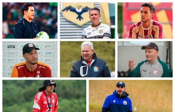 Los ocho técnicos que disputarán los playoffs. De izquierda a derecha y de arriba hacia abajo están Diego Arias, Ricardo Valiño, Lucas González, David González, Hernán Darío Herrera, Pablo Repetto, Alfredo Arias y Jonathan Risueño. FOTOS EL COLOMBIANO Y DIMAYOR