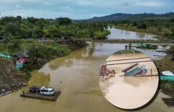 En la imagen principal, los planchones artesanales cruzando el río San Juan, en Urabá. En miniatura, el incidente que involucró a un camión. FOTOS EL COLOMBIANO Y CORTESÍA.