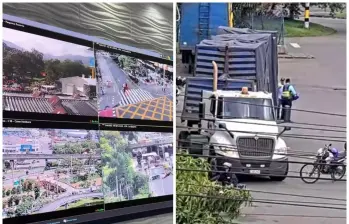 A la izquierda, las imágenes de las cámaras del Centro de Control y Tránsito de Medellín; a la derecha, el camión de carga inmovilizado. FOTOS Secretaría de Movilidad.