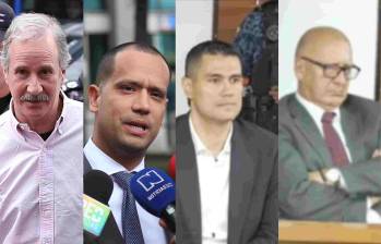 Enrique Pardo Hasche; el abogado Diego Cadena; Juan Guillermo Monsalve y el abogado, Héctor Romero, testigos en el juicio a Álvaro Uribe. Foto: Colprensa y captura de pantalla