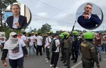 El altercado se habría originado por un mural que varias personas hicieron al frente de la propiedad del expresidente, alusiva a los falsos positivos. Imágenes tomadas de redes sociales y de EL COLOMBIANO. 