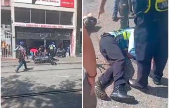 El agente de tránsito fue arroyado en inmediaciones de la estación Pabellón del Agua, del Tranvía de Ayacucho. FOTO: Cortesía Denuncias Antioquia