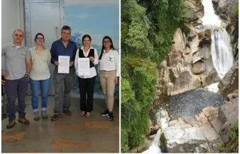 A la izquierda, la foto del acuerdo entre Corantioquia y la organización Nature and Culture International; a la derecha, una imagen de una de las microcuencas de los Farallones del Citará. FOTOS Corantioquia.