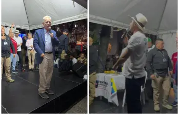 El expresidente Álvaro Uribe y el senador Andrés Guerra durante el evento en Itagüí en el que apagaron las luces. FOTOS: Cortesía