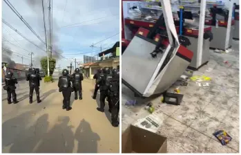 A la izquierda, la intervención de la Fuerza Pública en el Bagre ante los desmanes de las manifestaciones; a la derecha, un supermercado saqueado en Caucasia. IMÁGENES TOMADAS DE REDES SOCIALES.