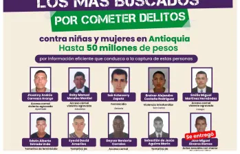 Algunos de los rostros más buscados en el departamento tras cometer delitos contra niñas y mujeres. FOTO: Cortesía Gobernación de Antioquia 