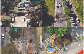 Arriba: socavación que apareció en la Regional en agosto de 2022 y el hundimiento súbito que se presentó sobre la avenida Paralela en mayo de 2023. Abajo: el hueco que apareció en la línea férrea del metro, cerca a la 4 Sur en octubre de 2025; y el boquete en la Av. El Poblado tras colapso de la cobertura de la quebrada La Presidenta esta semana. FOTOS Camilo Suárez y Manuel Saldarriaga