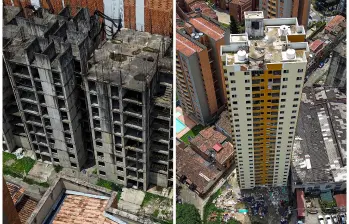 La foto de la izquierda corresponde a las dos torres de Santa Ana, que tienen un avance de obra del 36%; en la imagen de la derecha el edificio San Joaquín, el cual, según el Fovis, se entregaría a finales de marzo de este año. FOTOS Manuel Saldarriaga.