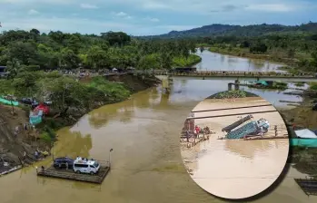 En la imagen principal, los planchones artesanales cruzando el río San Juan, en Urabá. En miniatura, el incidente que involucró a un camión. FOTOS EL COLOMBIANO Y CORTESÍA. 